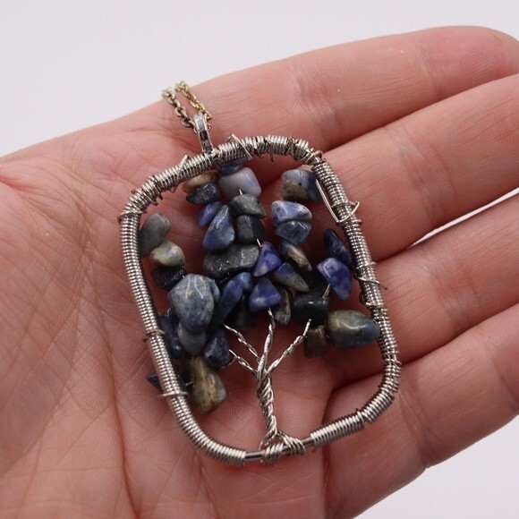 Dark Blue Stone Tree of Life Pendant Necklace Handmade Artisan Beaded Jewelry - Picture 2 of 5